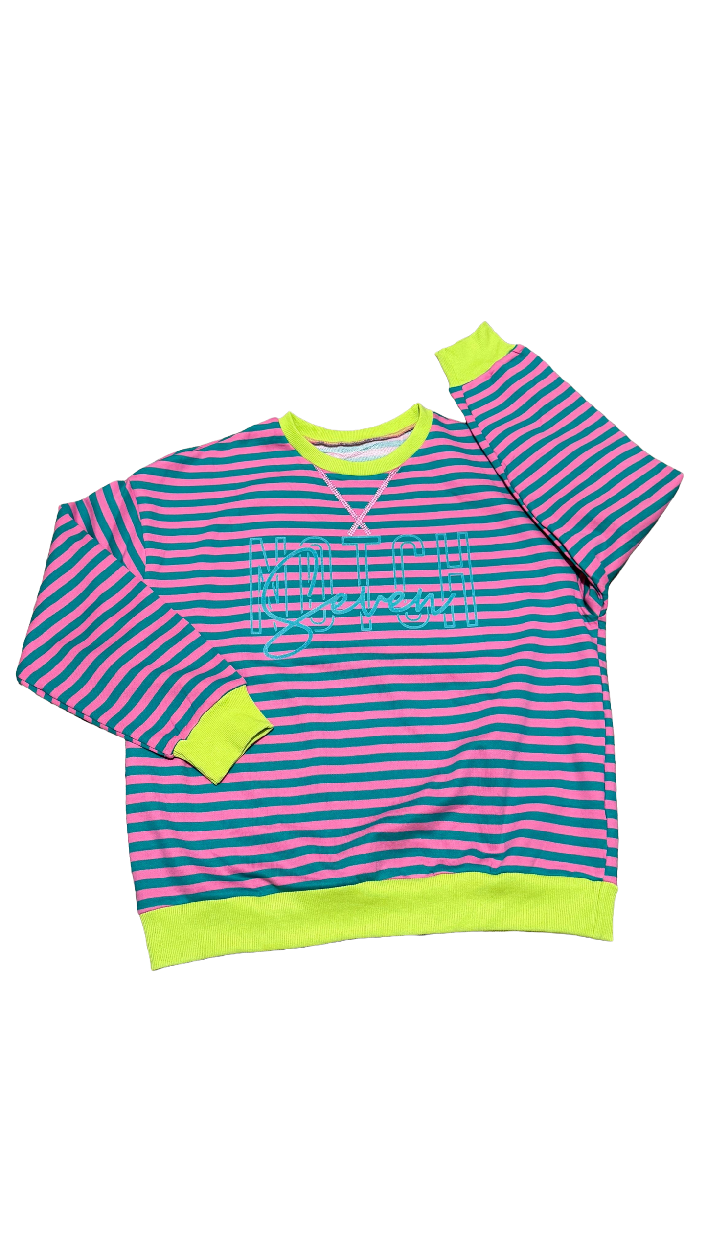 Oversized Pullover with Stripe & Contrast Trim with Notch 7 Logo