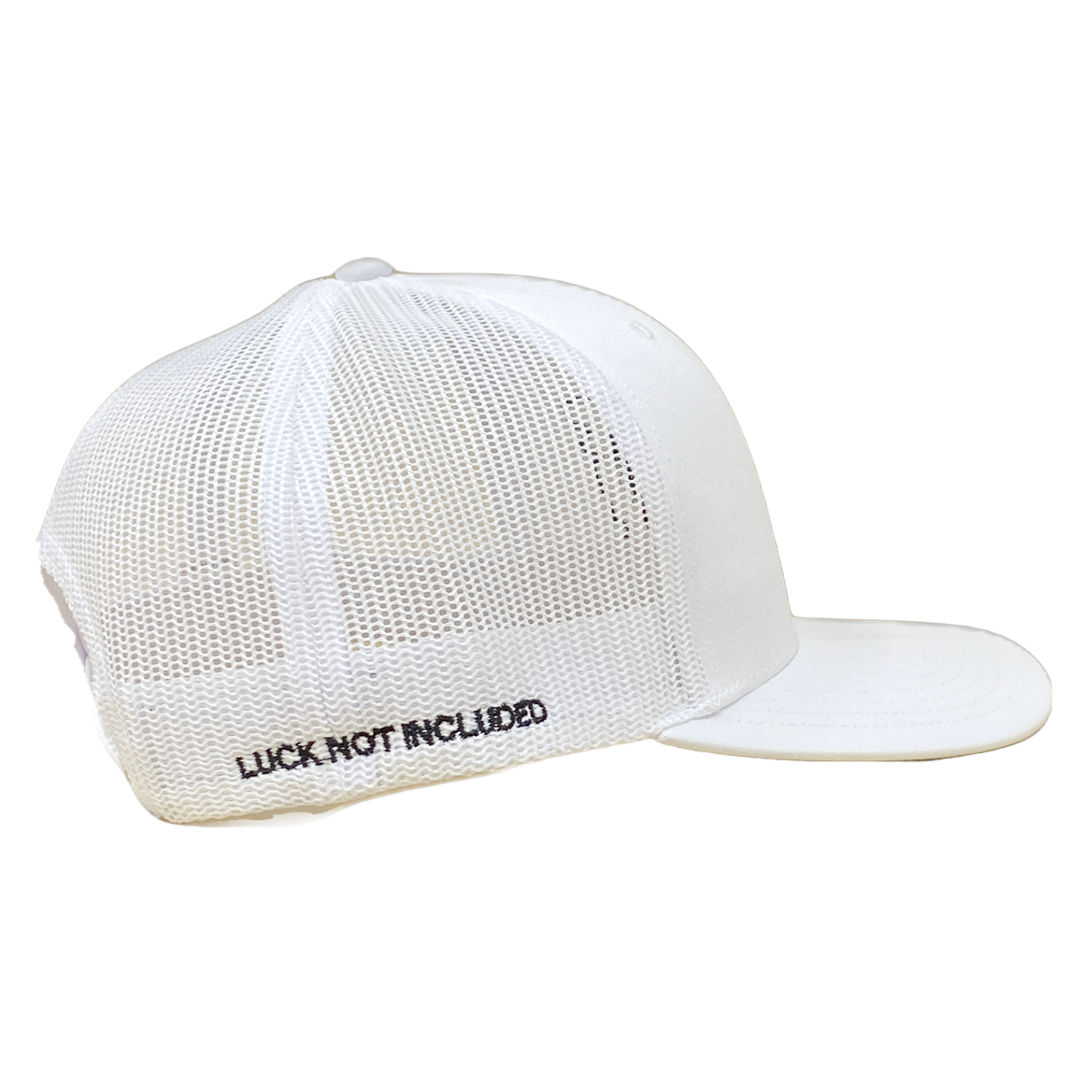 White Trucker Hat with Embroidered Black "Notch 7" Logo