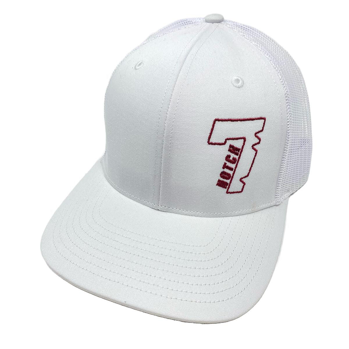 White Hat with Embroidered Maroon "Notch 7" Logo