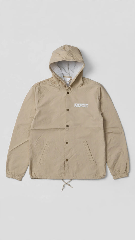 Notch 7 khaki wash hoodie rain jacket with full button-up front and white logo