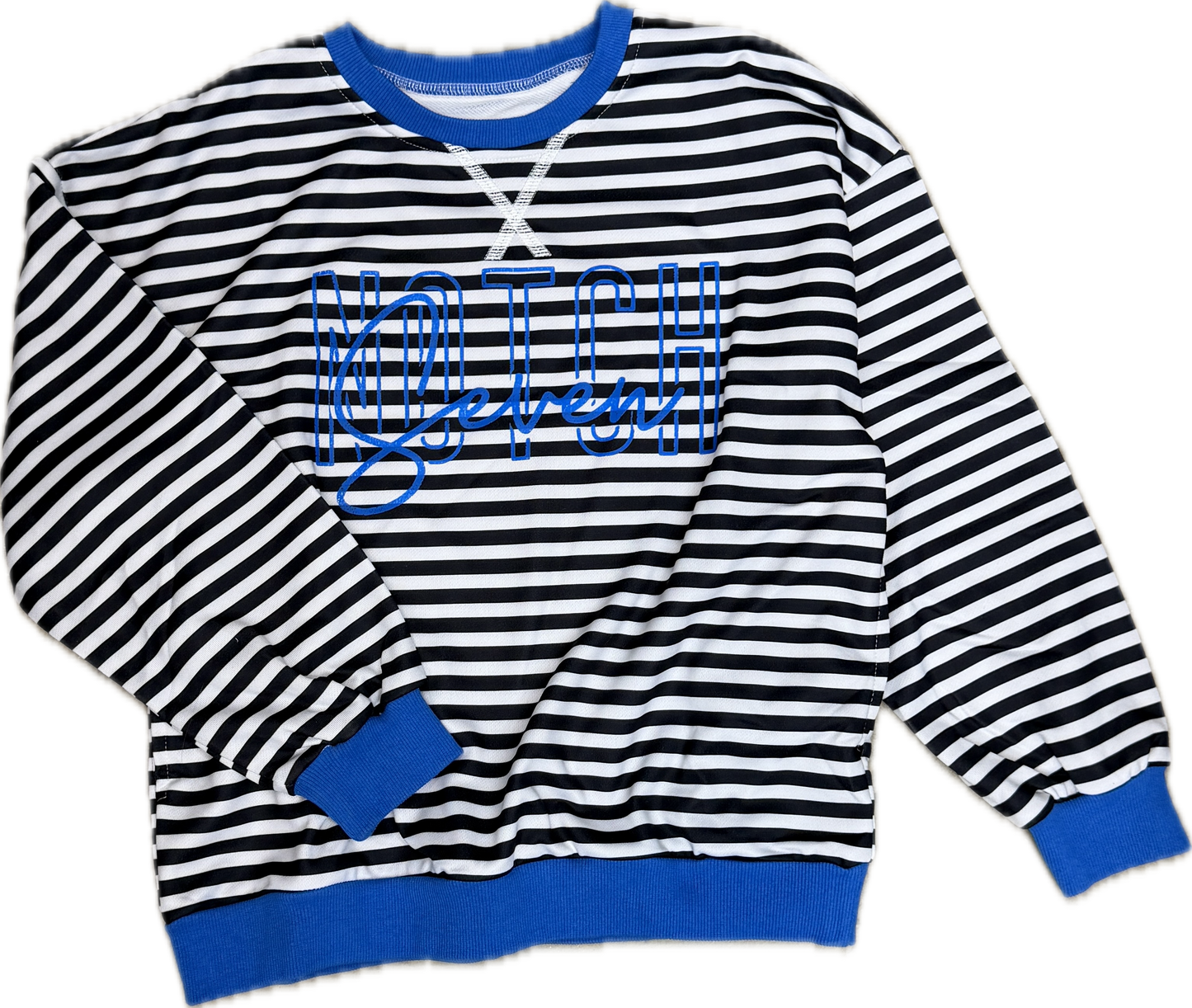 Oversized Pullover with Stripe & Contrast Trim with Notch 7 Logo