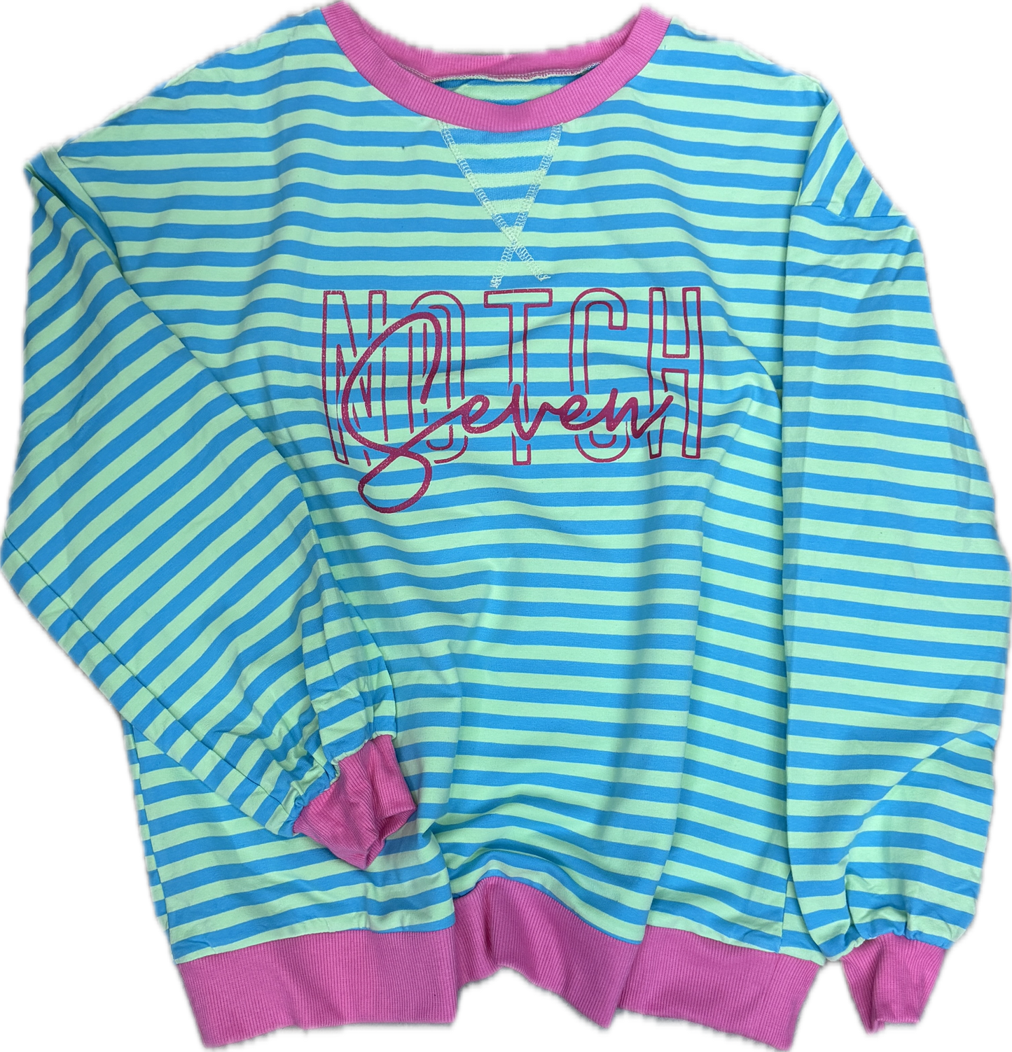 Oversized Pullover with Stripe & Contrast Trim with Notch 7 Logo