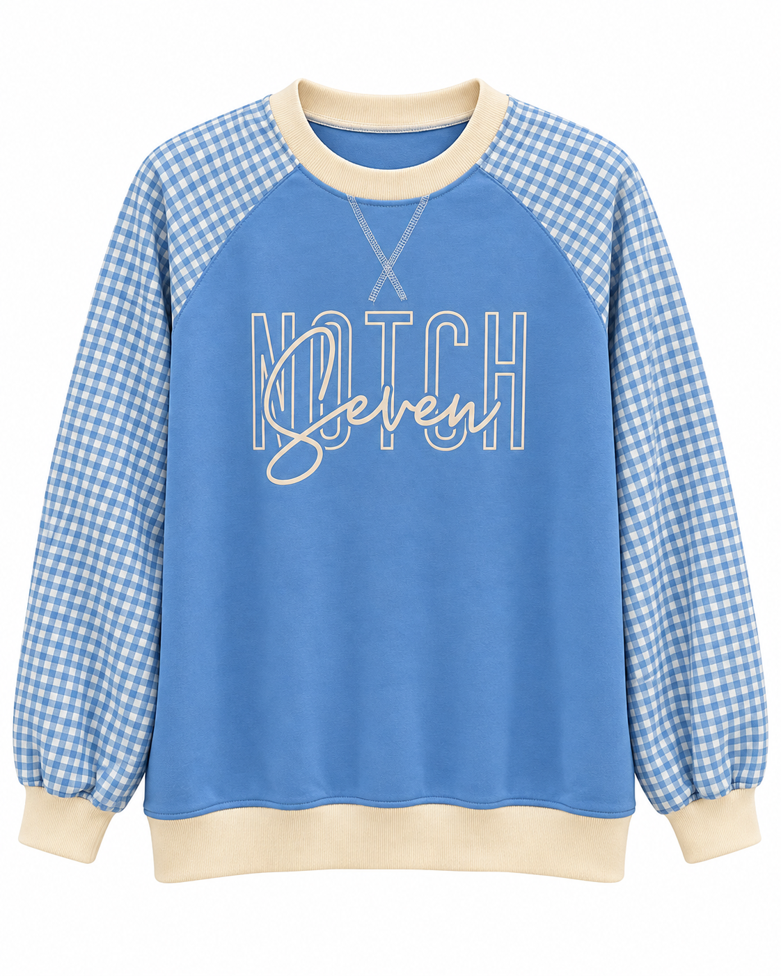 Blue Gingham Raglan Crewneck Pullover