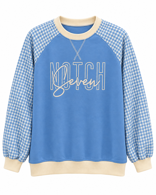 Blue Gingham Raglan Crewneck Pullover