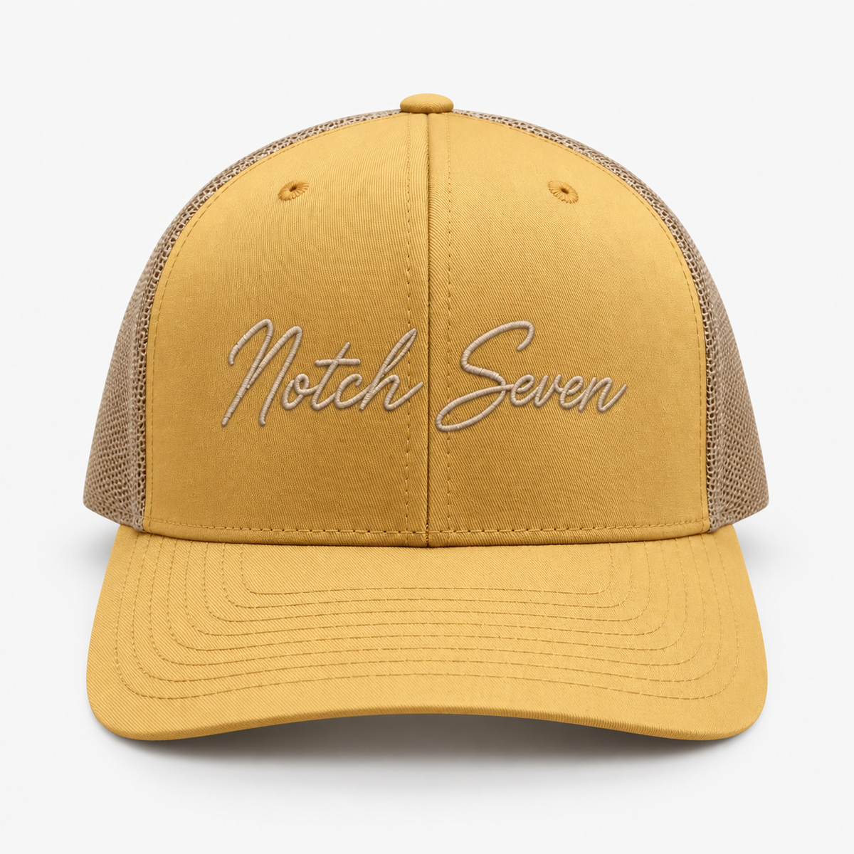 AMBER GOLD RICHARDSON 112 TRUCKER HAT WITH CURSIVE LOGO