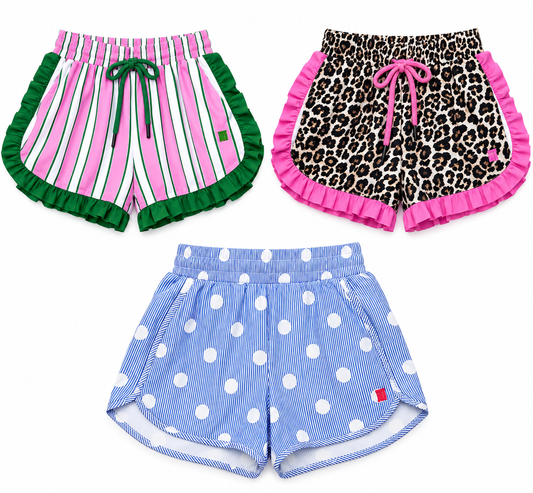 N7 Ruffle Trim Shorts – Leopard, Polka Dot & Pink Stripe