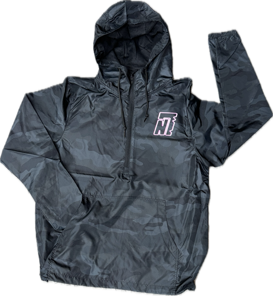 Black Camo Lightweight Windbreaker Hoodie with Pink Logo