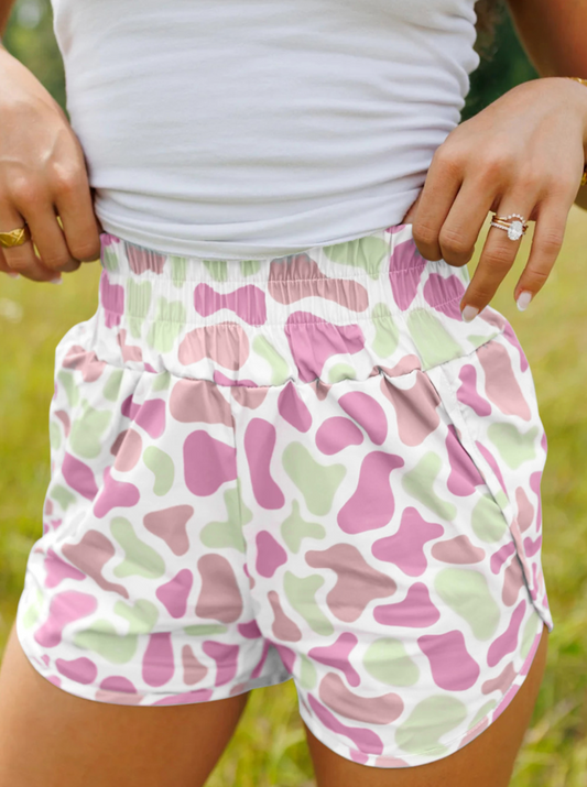 GREEN/PINK CAMO PRINT HIGH WAIST SHORTS
