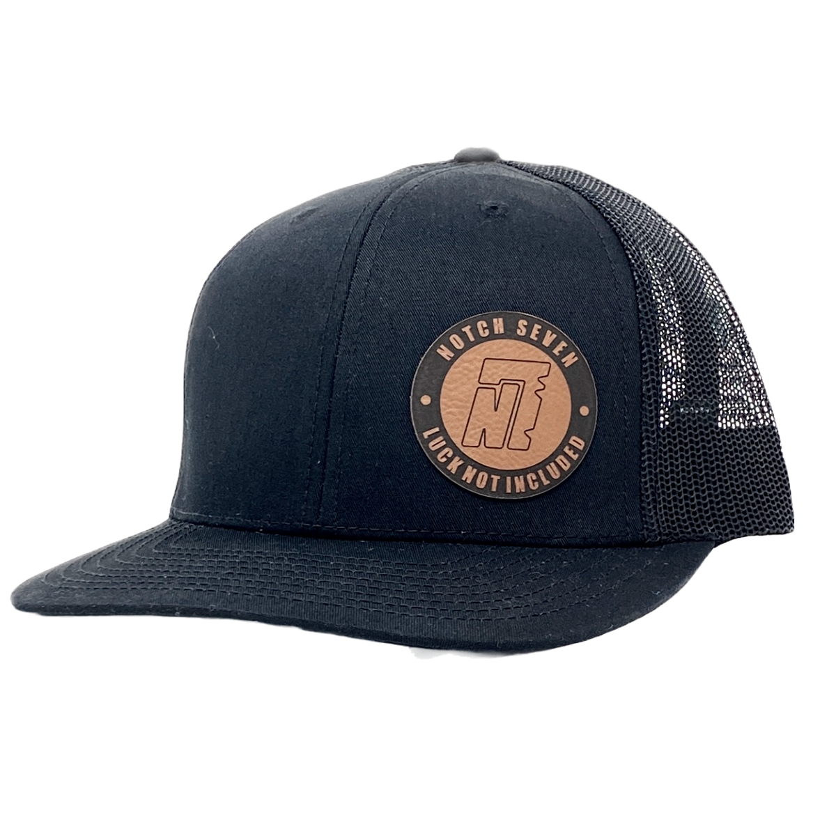 Black Trucker Hat with Leather "Luck Not Included" Emblem