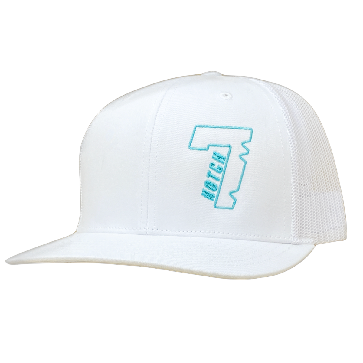 White Richardson 112 Trucker Hat with Embroidered Turquoise "Notch 7" Logo