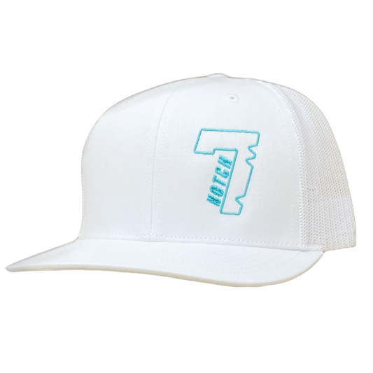 White Richardson 112 Trucker Hat with Embroidered Turquoise "Notch 7" Logo